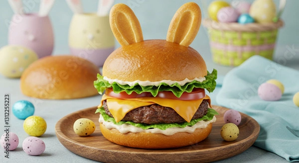 Fototapeta Cheeseburger com orelha de coelho suculento com queijo derretido e ingredientes frescos em um pão de gergelim pascoa 