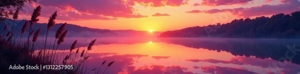 Fototapeta Orange and purple hues at day's end, mirroring on still lake; reeds sway gently in the breeze , twilight, environment