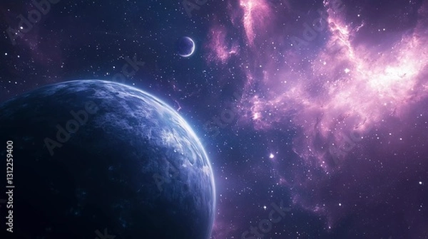 Obraz A blue planet with a pink and purple sky. The sky is filled with stars and the planet is surrounded by a cloud of pink and purple