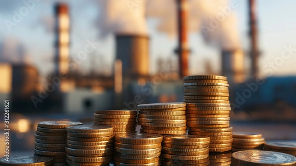 Obraz Carbon tax climate change pricing. Environment carbon credits. Greenhouse gases decarbonization. A stack of coins with industrial smokestacks in the background.
