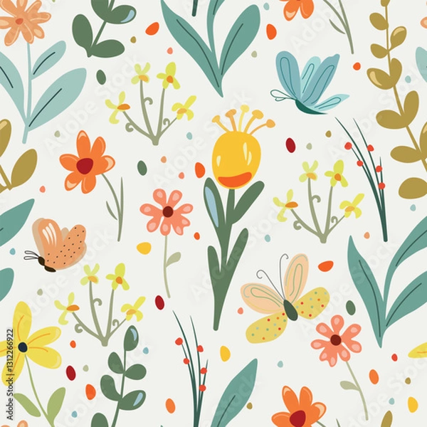 Fototapeta Seamless pattern in children's style with flowers and butterflies. Hand drawn. Wildflowers. Various elements on a beige background. For the design of children's rooms, fabric, wallpaper and more.