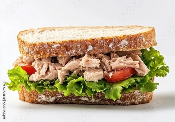 Obraz Freshly Made Tuna Sandwich with Leafy Lettuce and Tomato Slices on Whole Wheat Bread Against a Clean White Background