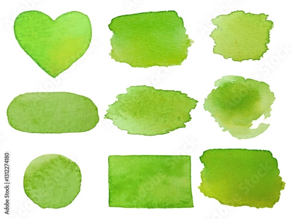 Fototapeta Vector set of watercolor stains of green color, hand drawn with watercolor brush. Isolated simple backgrounds for stickers and design elements