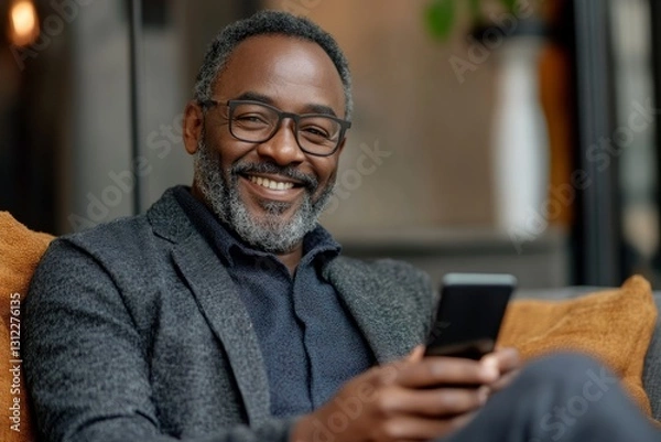 Obraz Happy mature executive is using mobile phone while relaxing on comfortable sofa in modern office lounge