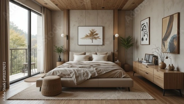 Fototapeta Modern Minimalist Bedroom Interior With Natural Wood Elements And Cozy Atmosphere