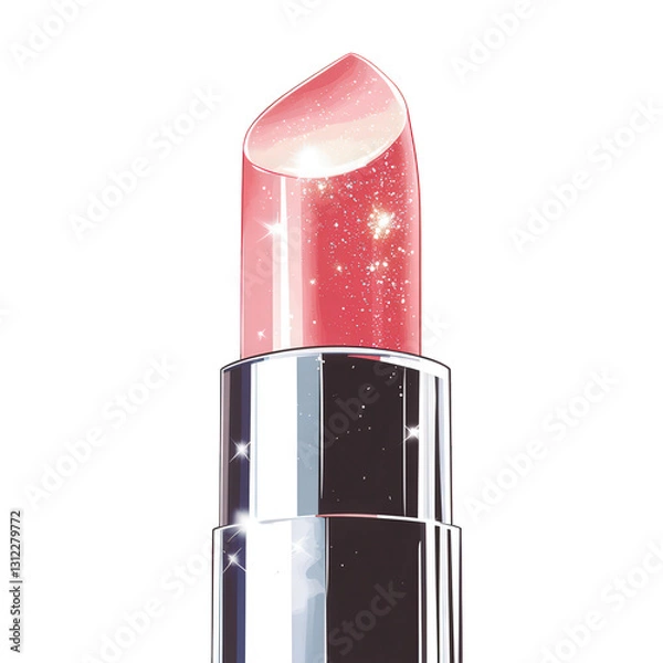 Obraz A graphic illustration of a luxurious pink lipstick encased in a sleek silver tube, standing upright at the center of the frame, transparent background, PNG
