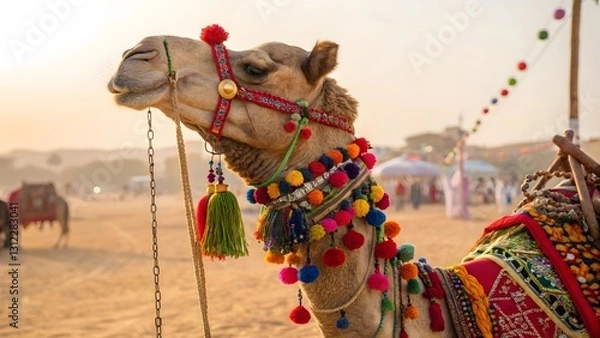 Fototapeta Decorated camel with colorful harness in a desert festival scene. Created with Ai
