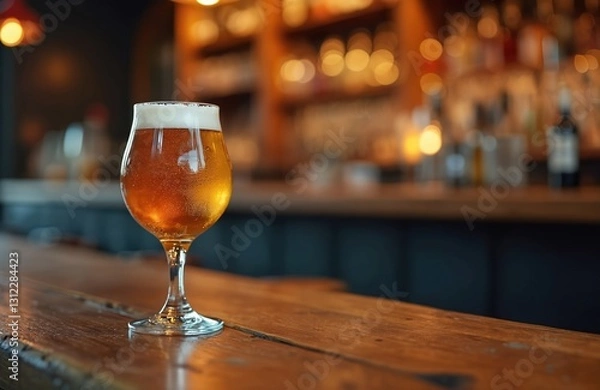 Fototapeta Craft beer in tulip glass on wooden bar table under warm ambient light. Amber ale with foamy head in cozy pub at night celebration party under soft bokeh.