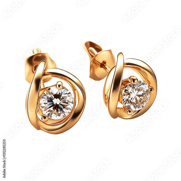 Fototapeta A Pair of Elegant Gold Earrings with a Diamond Isolated on Transparent Background