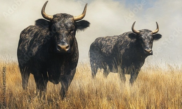 Fototapeta Two bulls in a dry grassy field under a hazy sky