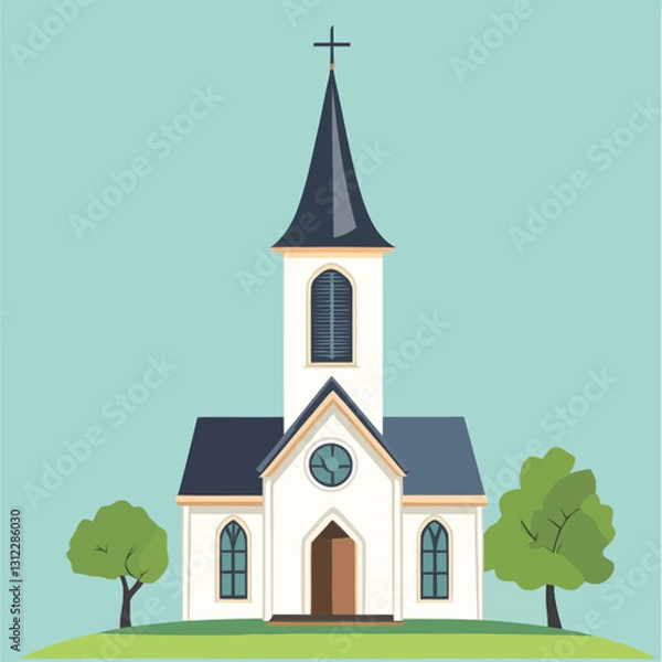 Fototapeta A flat 2D vector of a traditional church with a tall steeple.