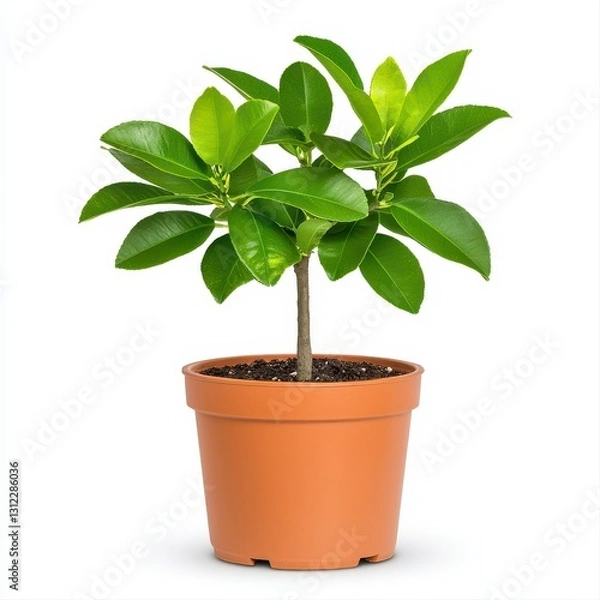 Fototapeta A small lime tree in a pot isolated on a white background showcasing its vibrant green leaves and healthy growth