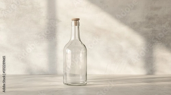 Fototapeta A clear glass bottle with a cork stopper. The bottle is sitting on a countertop
