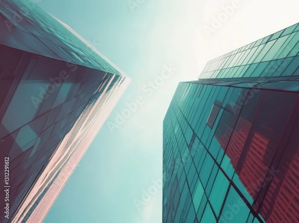 Fototapeta 3D rendering of modern glass skyscrapers, blue sky background, low-angle view, steel structures, futuristic architecture concept