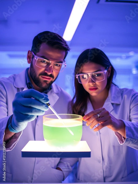 Fototapeta Two laboratory scientists testing phenolphthalein chemical reaction with a petri dish and pipette in ultraviolet lab. Serious doctors wearing protective glasses, experimenting alkaline presence test