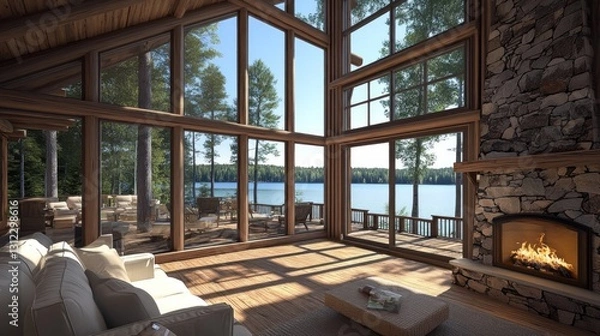 Fototapeta Luxurious cabin interior featuring expansive windows and an outdoor view