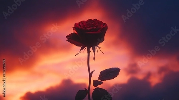 Fototapeta A captivating image of a red rose silhouette set against a vibrant, dramatic sunset sky with colorful clouds.