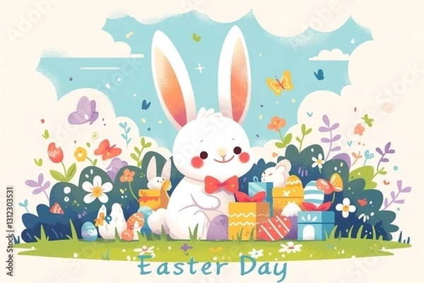 Fototapeta Cute Easter illustration with white rabbits, colorful decorated eggs, gifts, flowers and “Easter Day” text. Festive Easter celebration scene with spring elements.