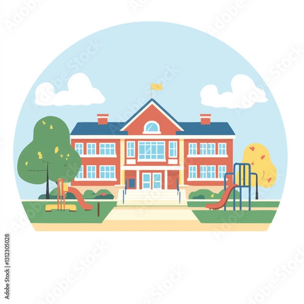 Fototapeta A flat 2D vector of a school building with a playground in front.