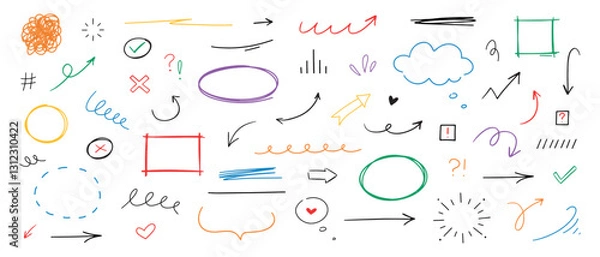 Fototapeta Hand drawn different line elements. Doodle sketch style arrows, scribbles, stars, speech bubbles and underlines. Vector grunge element set.