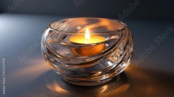 Fototapeta A candle is lit in a glass bowl. The bowl is clear and has a wavy design
