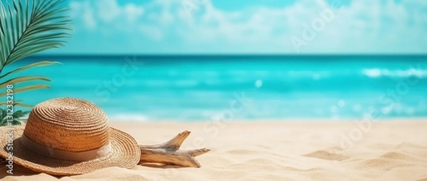 Fototapeta Relaxing Beach Scene with Straw Hat Tropical Coast Photography Sunny Day Tranquil View Vacation Vibe