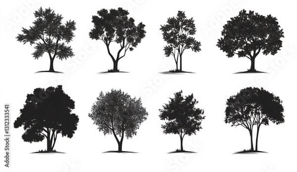 Fototapeta Stylized collection of black tree silhouettes arranged in an artistic manner ideal for nature themes and designs : Generative AI