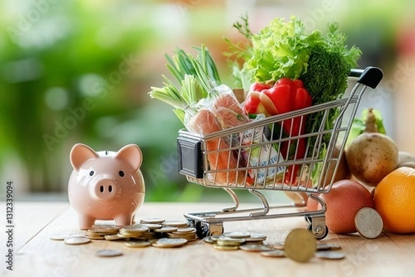 Fototapeta Mini shopping cart filled with assorted products, placed next to a piggy bank with a few coins on the table, symbolizing shopping and savings.


