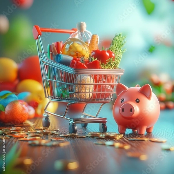 Fototapeta Mini shopping cart filled with assorted products, placed next to a piggy bank with a few coins on the table, symbolizing shopping and savings.

