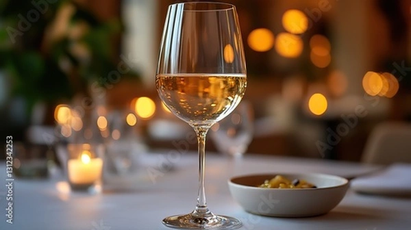 Fototapeta an elegant white wine glass with a filled bowl set against a soft focus background of a dining table