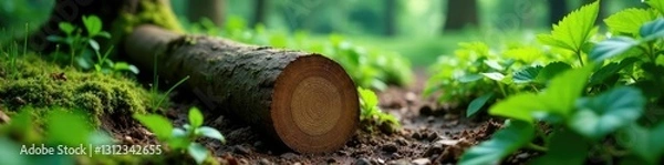 Fototapeta Trunk fragment submerged in soil amidst lush foliage, botanical, woodland, trees