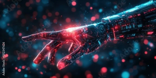 Fototapeta Futuristic robotic hand reaching out amidst glowing digital particles in a sci-fi inspired environment