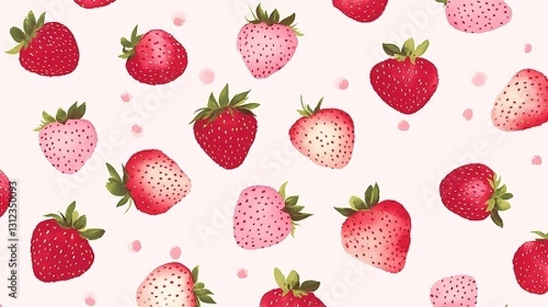 Fototapeta Ripe strawberries on light pink, allover pattern, used for giftwrap or surface design, seamless
