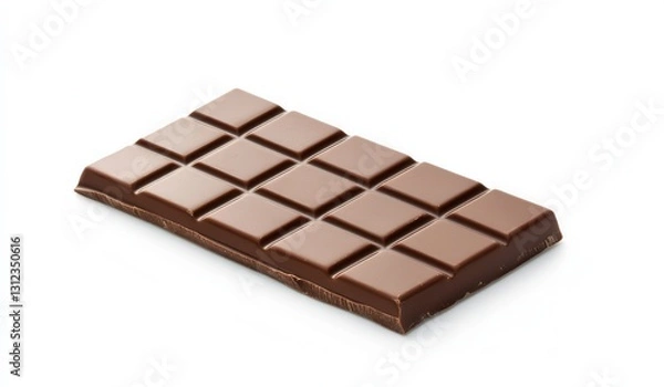Fototapeta Smooth milk chocolate bar with square segments on white background.