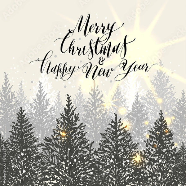 Fototapeta Hand drawn christmas card. New year trees with snow. Calligraphi