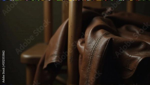 Obraz A close-up image of a brown leather jacket draped over a chair, highlighting its soft texture and stitches, capturing the essence of luxury and fine craftsmanship. Generative, AI,