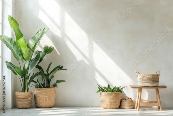 Fototapeta room featuring eco-friendly decor elements with potted plants and natural wooden furnishings creating serene and airy