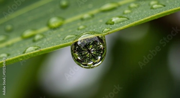 Fototapeta Water Drop on Leaf Reflecting Plant Macro Shot Fresh Nature