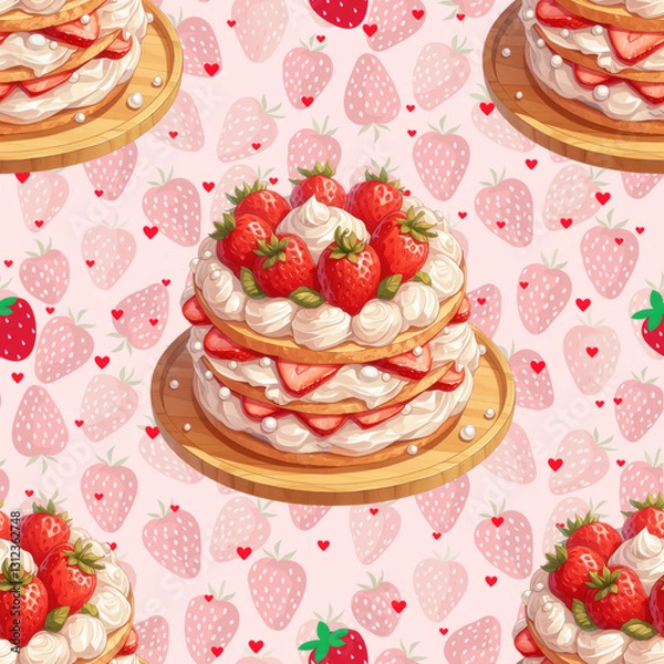 Fototapeta Cute Strawberry Cake, Seamless pattern repeat