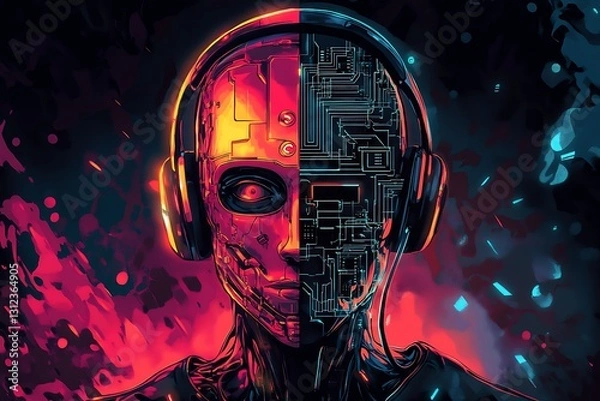 Fototapeta Intriguing robotic face with headphones illustrating a fusion of technology and art in a striking color palette : Generative AI
