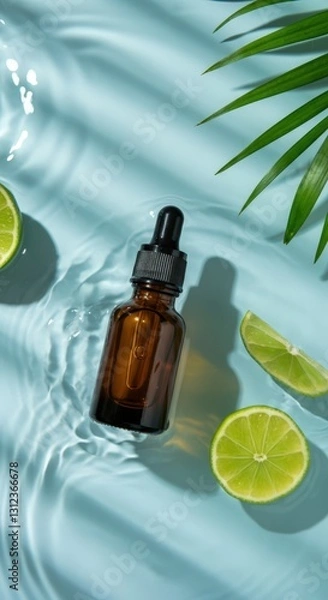 Fototapeta Amber glass dropper bottle with essential oil surrounded by lime slices on a serene blue water surface
