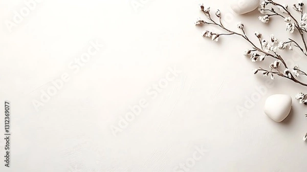 Fototapeta Minimalist white background with delicate branches and smooth stones
