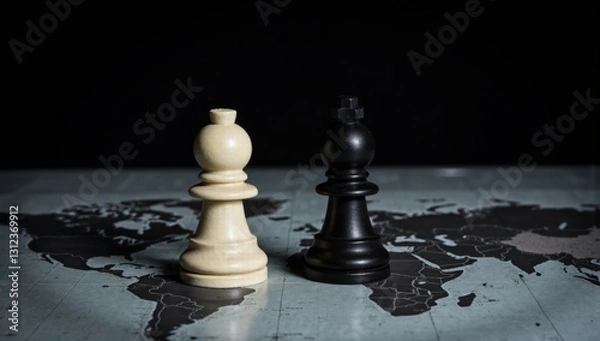Obraz Black and white chess pieces center on a detailed world map symbolizing politics, negotiation, and global strategy