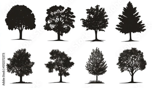 Fototapeta Collection of Eight Unique Tree Silhouettes Showcasing Various Foliage and Shapes : Generative AI