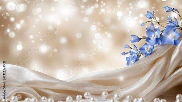 Fototapeta Elegant Composition of Silver Silk with Blue Flowers and Pearls on a Soft Ivory Background in a 3D Arched Frame