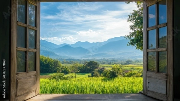 Obraz A stunning view of mountains and fields through an open window