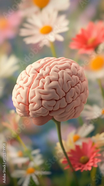 Fototapeta Pink human brain model amidst blurred daisies, representing mind's connection to nature, mental wellbeing, or cognitive growth