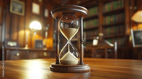 Fototapeta Antique hourglass on wooden table in library