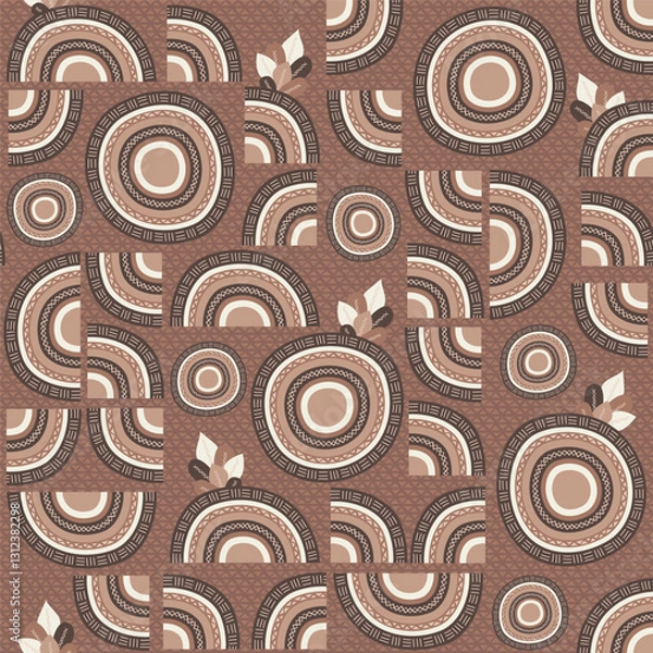 Fototapeta Boho mocha mousse brown African cropped mandalas Pattern, bohemian geometrics in neutral monochrome brown circles seamless background.