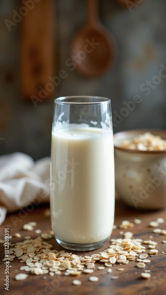 Fototapeta Glass of milk with toppings on a rustic table.